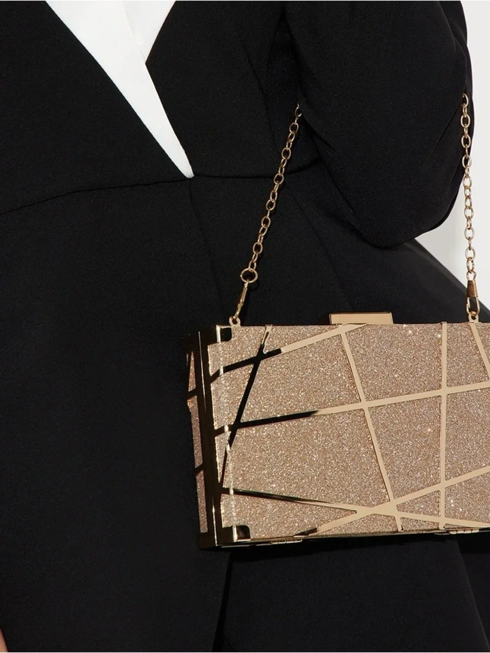 Fashion Nova Gold Glitter Geometric Box Clutch